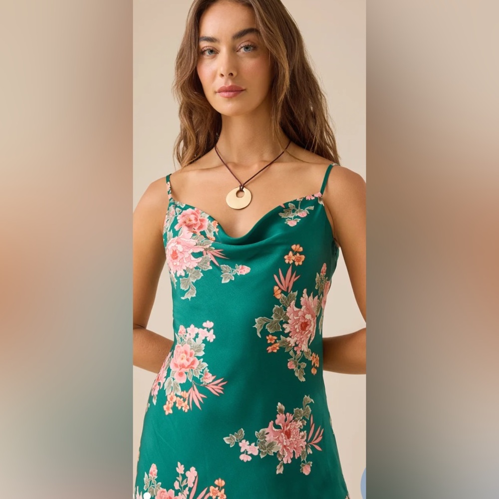 Altar'd State Green and Pink Silky Floral Midi Slip Dress - Size Small - Picture 4 of 9